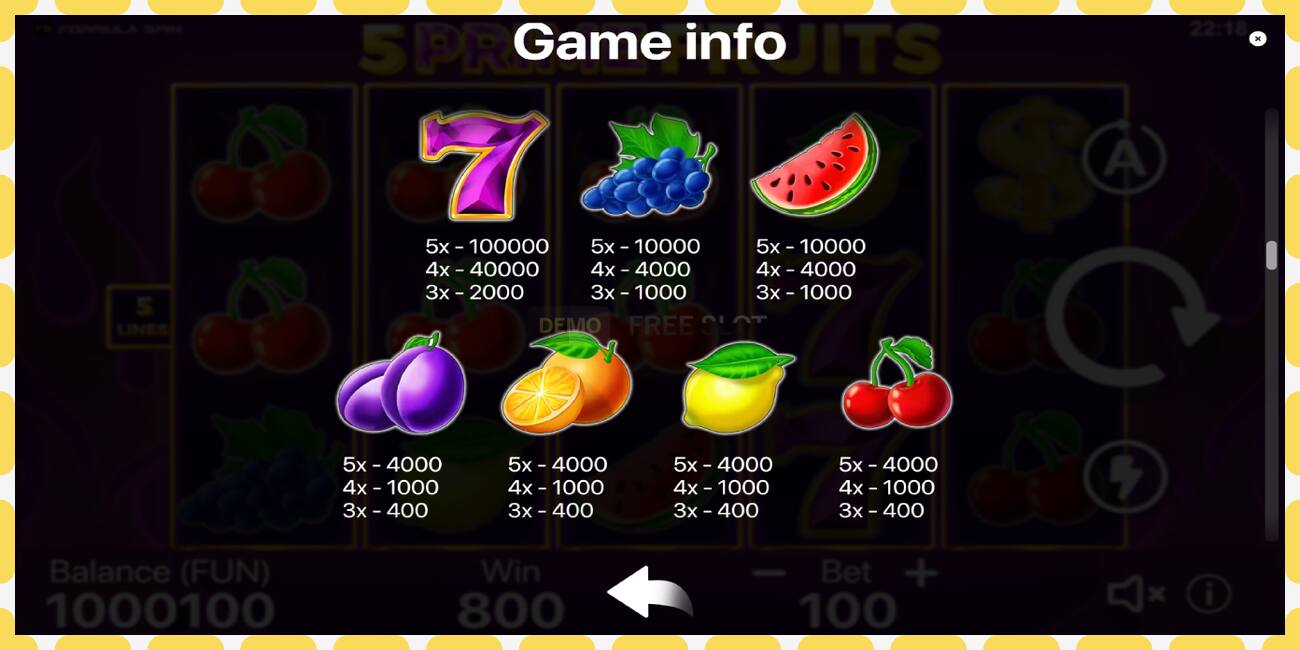 Slot për demonstrim 5 Prime Fruits falas dhe pa regjistrim, foto - 1