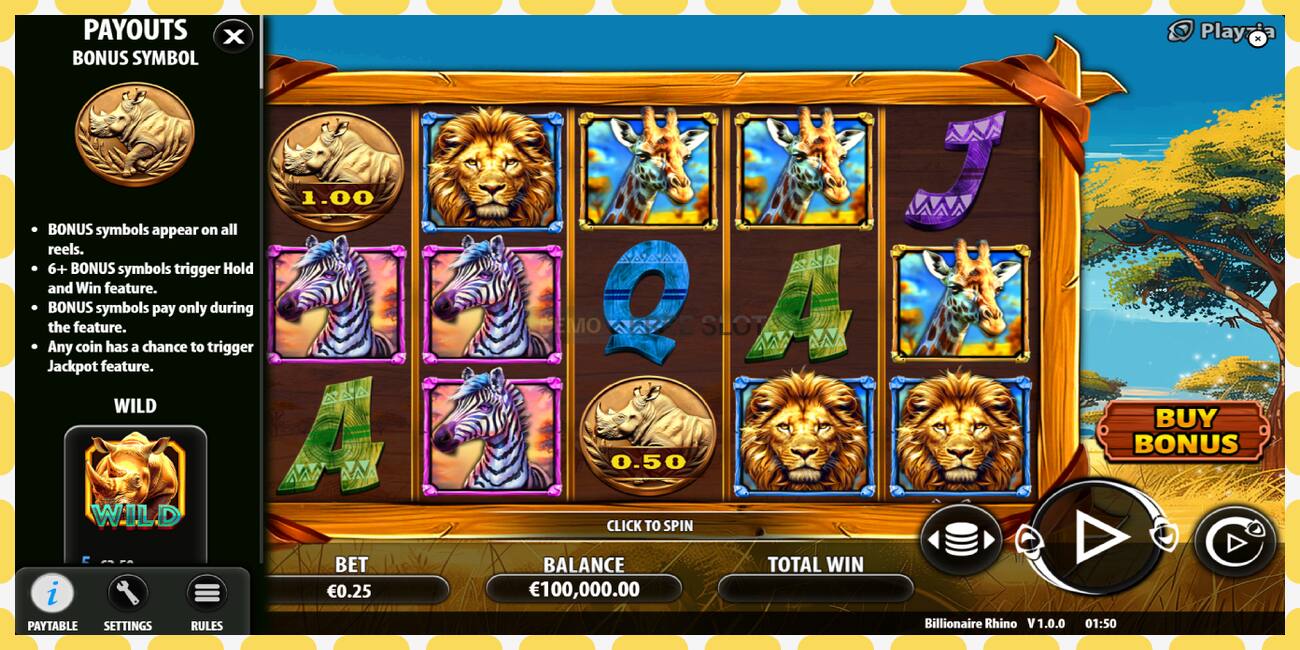 Demo slot Billionaire Rhino නොමිලේ සහ ලියාපදිංචියකින් තොරව, පින්තූරය - 1