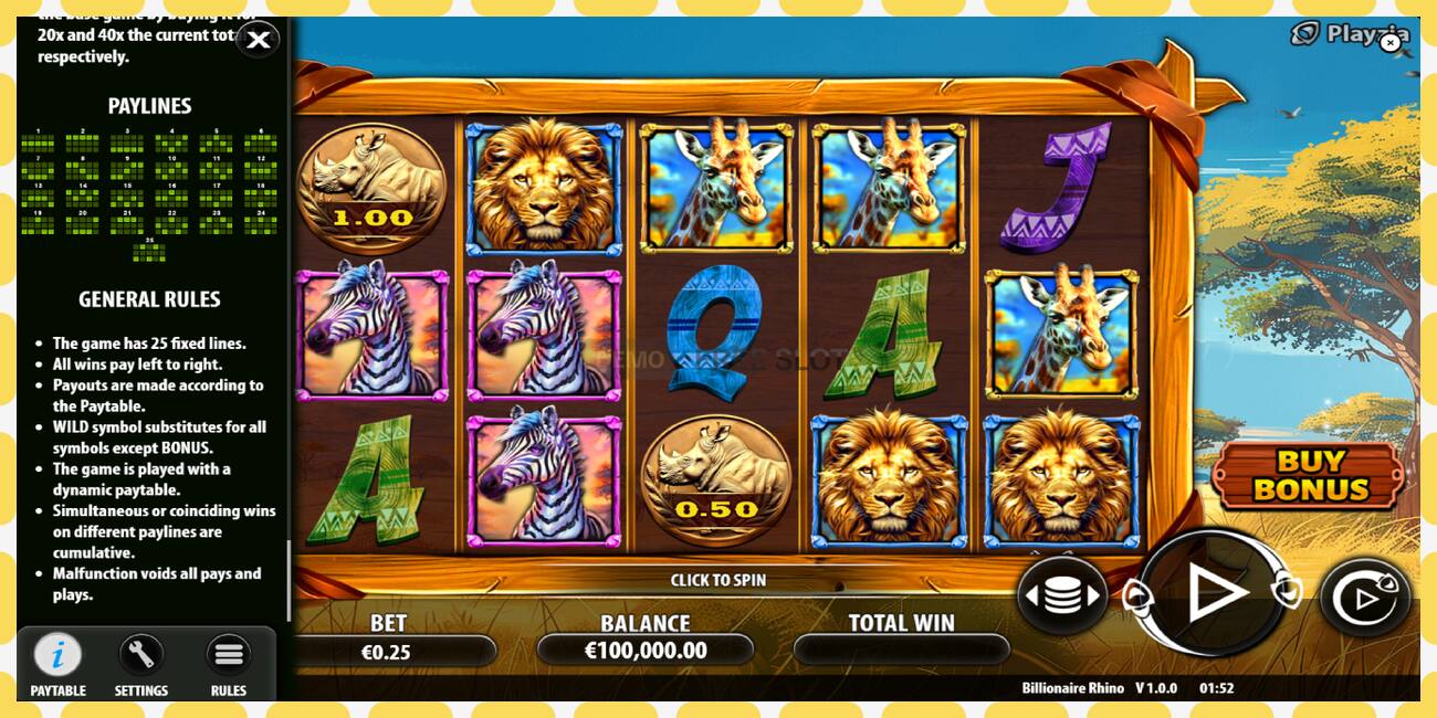 Demo slot Billionaire Rhino නොමිලේ සහ ලියාපදිංචියකින් තොරව, පින්තූරය - 1