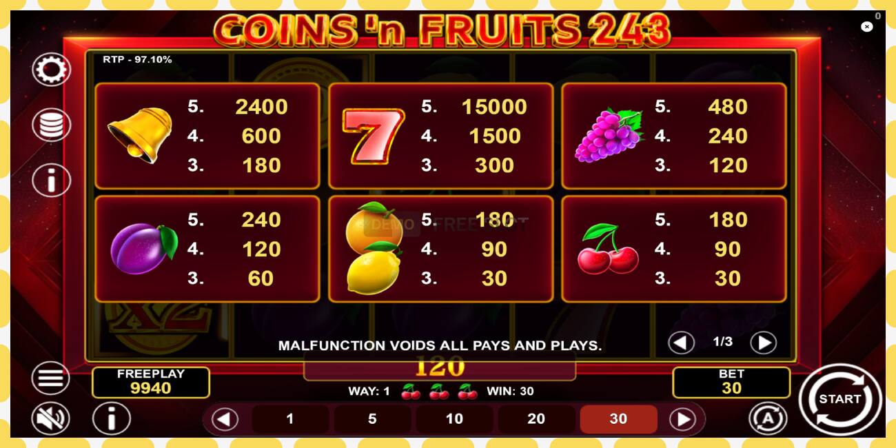 Demo-spor Coinsn Fruits 243 gratis og uten registrering, bilde - 1