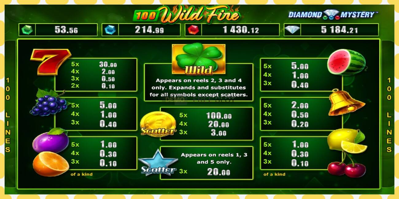 Yanayopangwa demo Diamond Mystery 100 Wild Fire bure na bila usajili, picha - 1