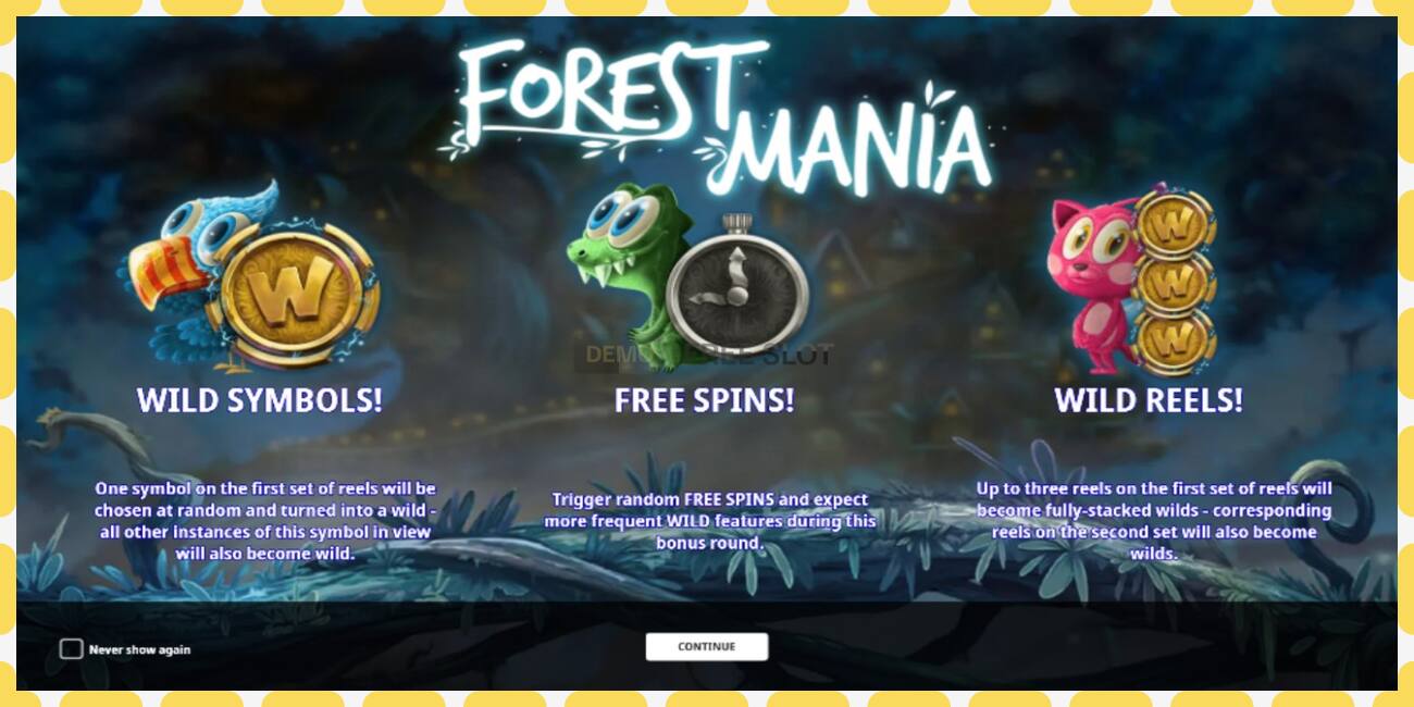 រន្ធដោតសាកល្បង Forest Mania ឥតគិតថ្លៃនិងដោយគ្មានការចុះឈ្មោះ, រូបភាព - ១