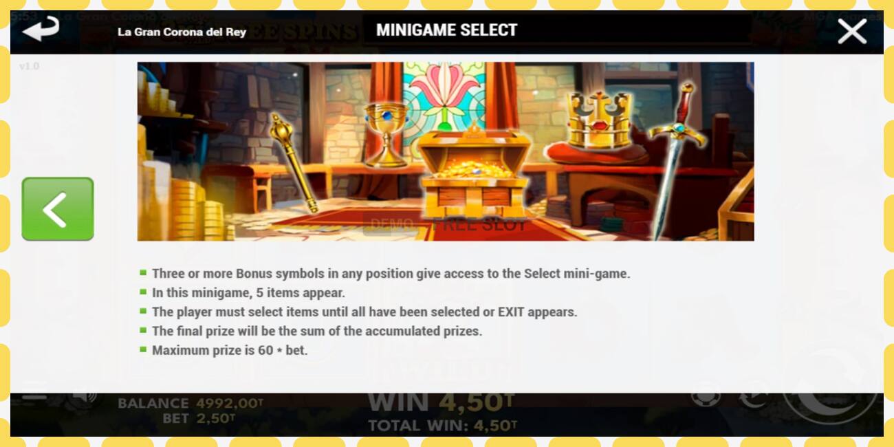 Demo slots La Gran Corona del Rey bezmaksas un bez reģistrācijas, attēlu - 1