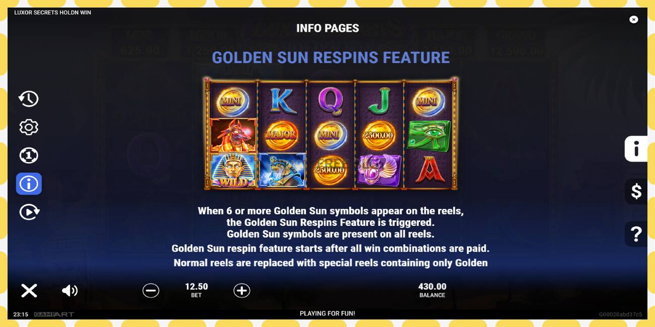 Demo slot Luxor Secrets Holdn Win free and without registration, picture - 1