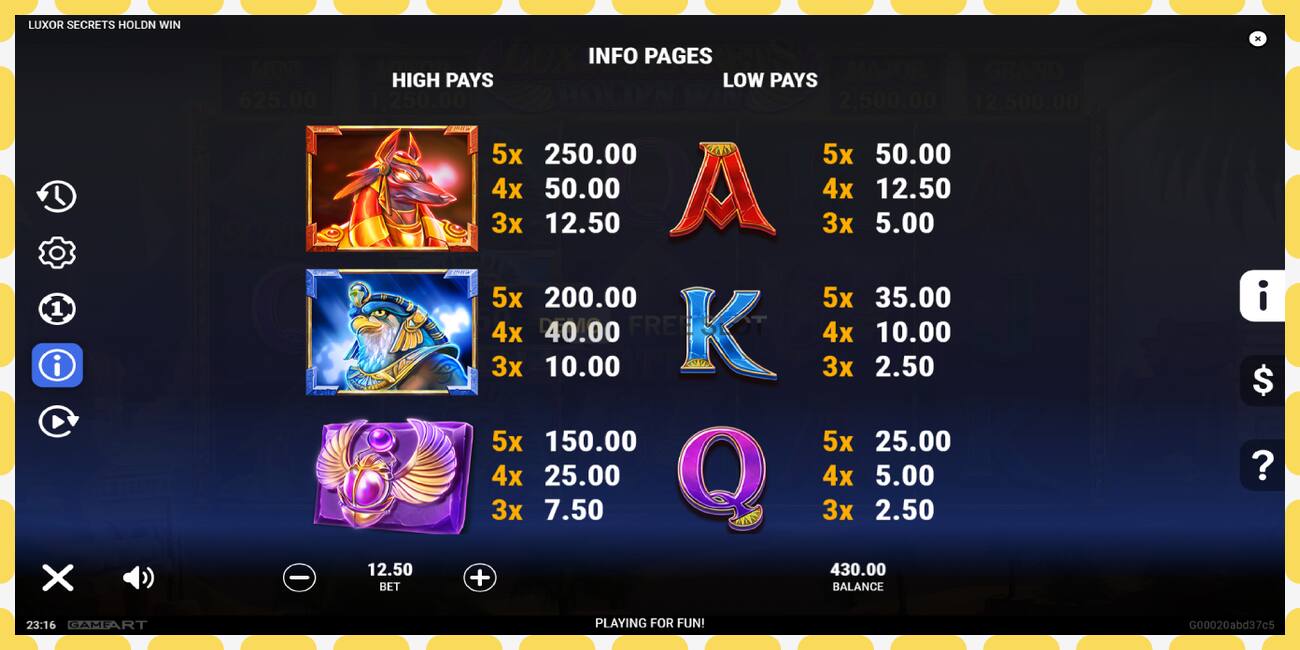 Demo slot Luxor Secrets Holdn Win free and without registration, picture - 1