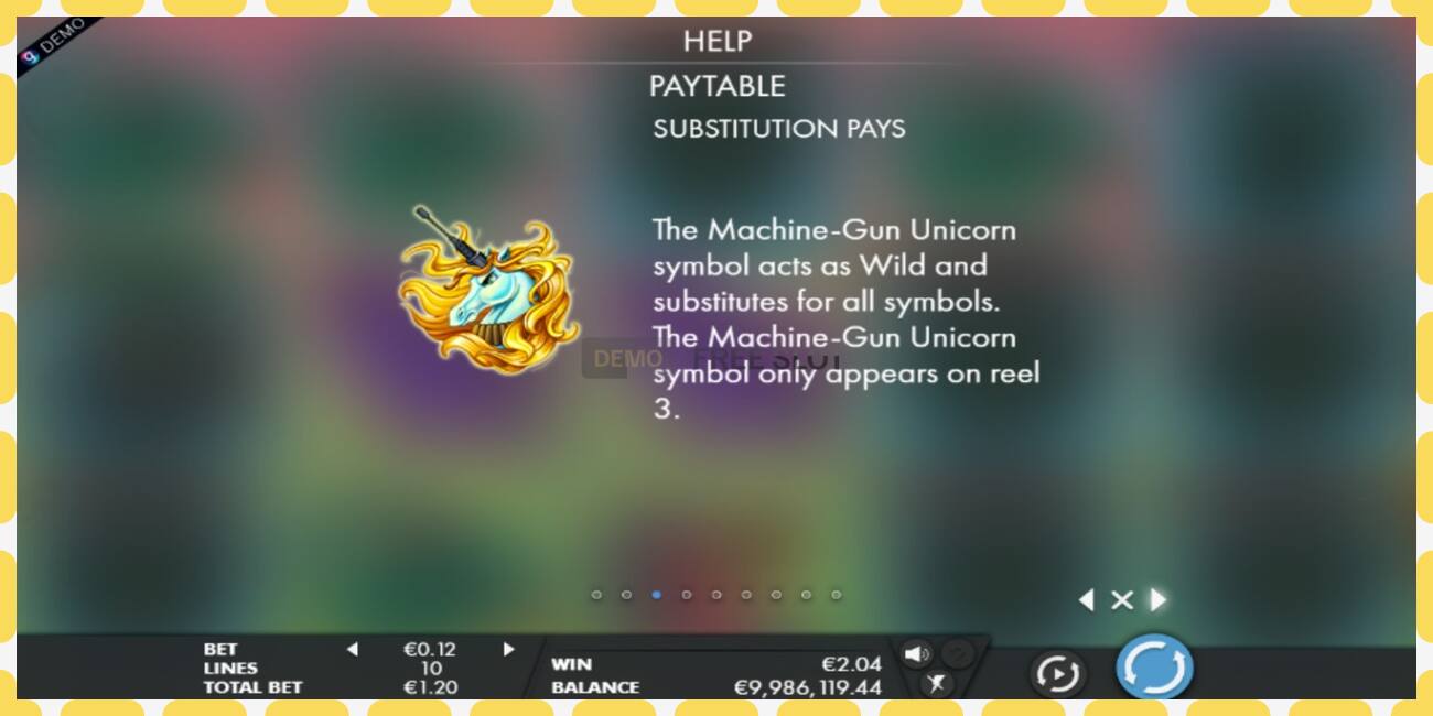 រន្ធដោតសាកល្បង Machine Gun Unicorn ឥតគិតថ្លៃនិងដោយគ្មានការចុះឈ្មោះ, រូបភាព - ១