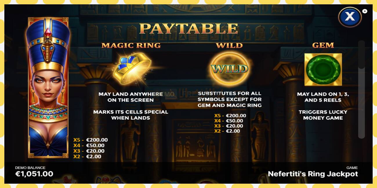 Demo slots Nefertitis Ring Jackpot bezmaksas un bez reģistrācijas, attēlu - 1