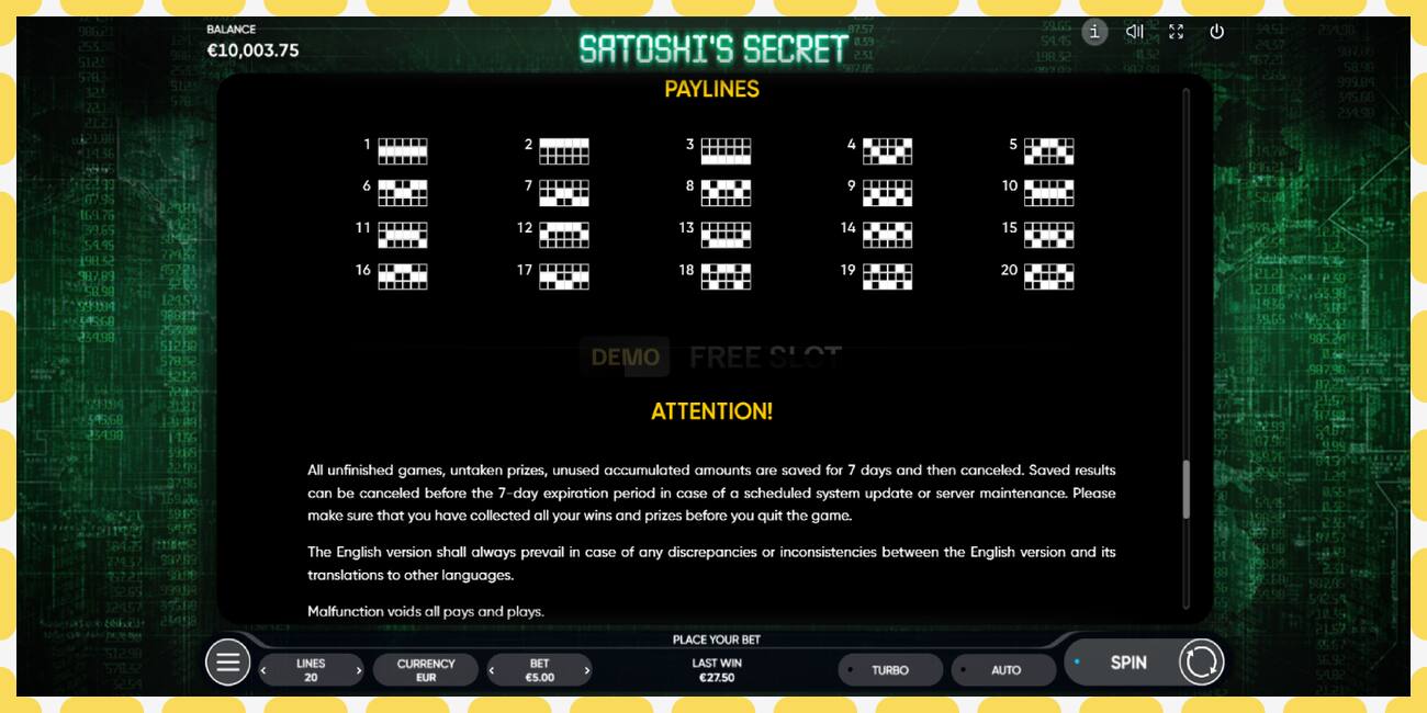 Demo slot Satoshi’s Secret free and without registration, picture - 1