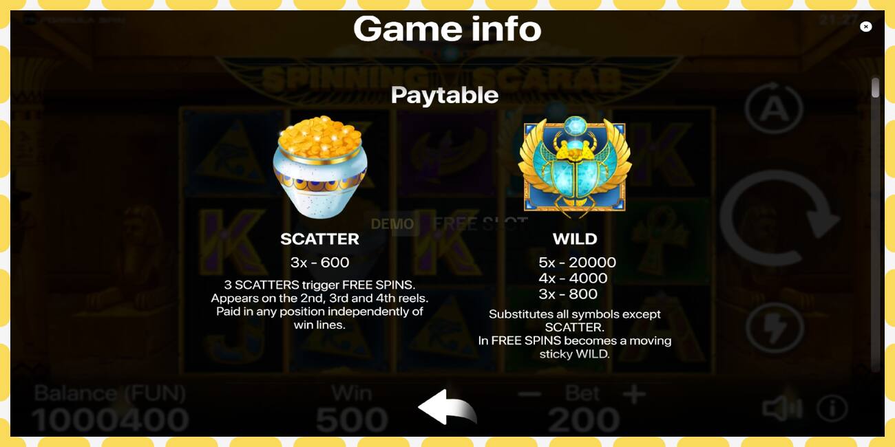 Demo slots Spinning Scarab bezmaksas un bez reģistrācijas, attēlu - 1