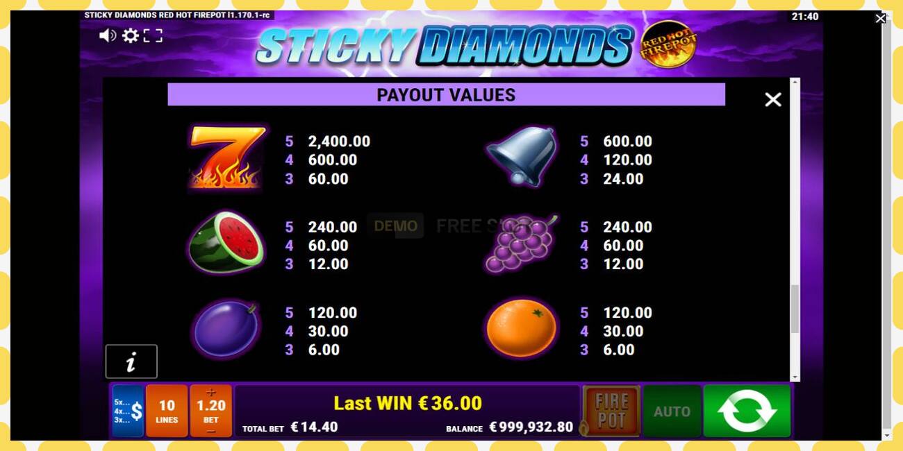 Demo slot Sticky Diamonds Red Hot Firepot free and without registration, picture - 1