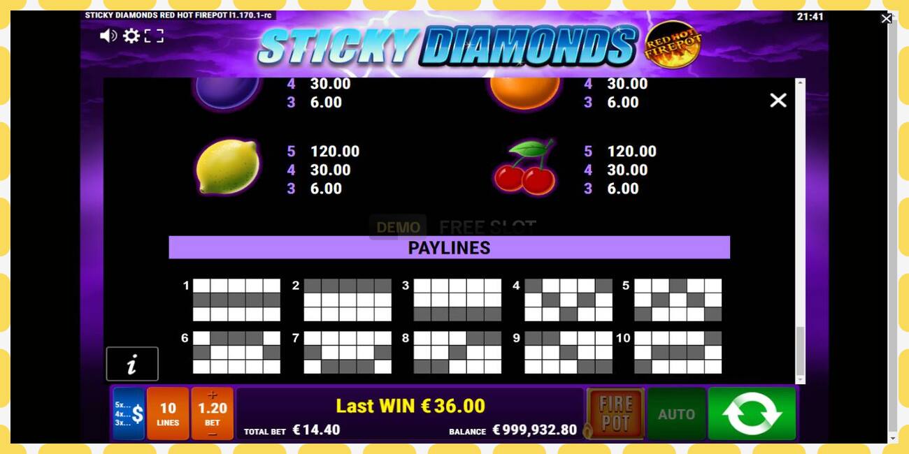 Demo slot Sticky Diamonds Red Hot Firepot free and without registration, picture - 1